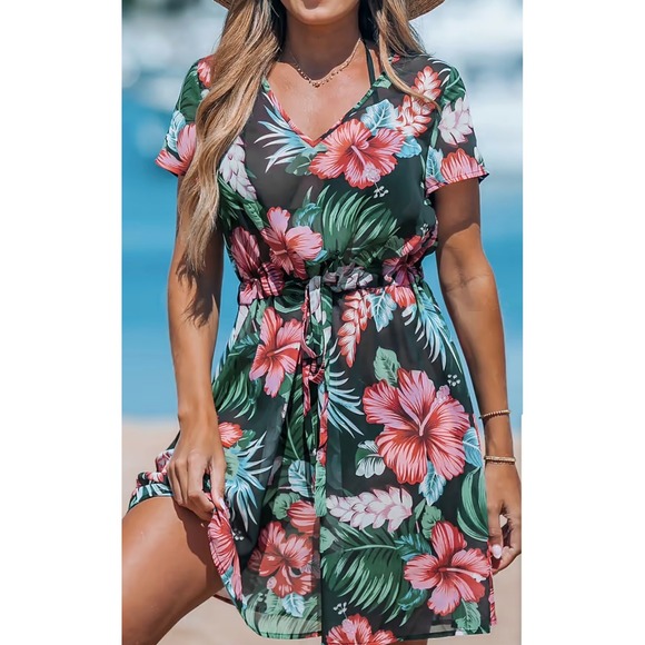 Cupshe Other - Cupshe Swim Cover Up Women Large Black Tropical Floral NWT Mesh V-Neck Dress